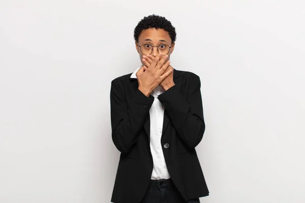 Young Black Afro Woman Covering Mouth Hands Shocked Surprised Expression — Stock Photo, Image