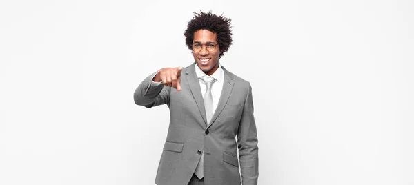 Black Afro Businessmanpointing Camera Satisfied Confident Friendly Smile Choosing You — Stock Photo, Image
