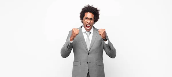 Black Afro Businessmanshouting Aggressively Annoyed Frustrated Angry Look Tight Fists — Stock Photo, Image