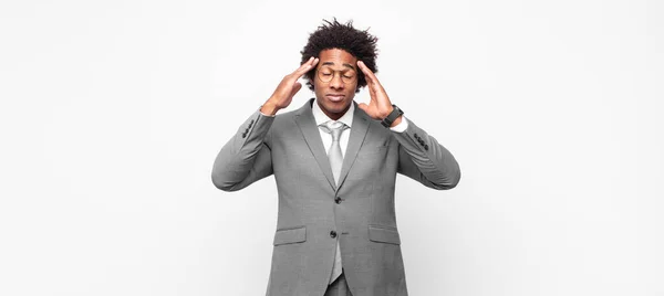 Black Afro Businessmanlooking Concentrated Thoughtful Inspired Brainstorming Imagining Hands Forehead — Stock Photo, Image