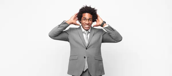 Black Afro Businessmanfeeling Stressed Worried Anxious Scared Hands Head Panicking — Stock Photo, Image