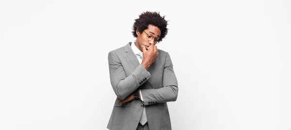 Black Afro Businessmanfeeling Serious Thoughtful Concerned Staring Sideways Hand Pressed — Stock Photo, Image