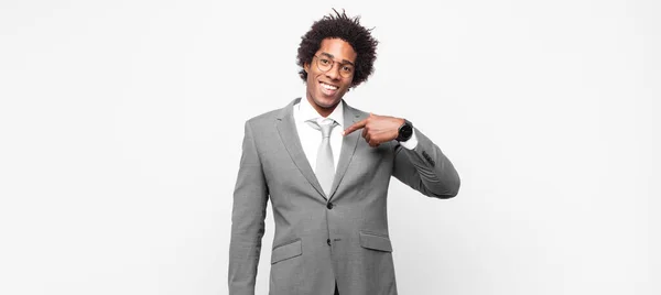 Black Afro Businessmanlooking Happy Proud Surprised Cheerfully Pointing Self Feeling — Stock Photo, Image