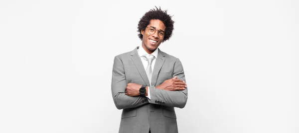 Black Afro Businessmanlooking Happy Proud Satisfied Achiever Smiling Arms Crossed — Stock Photo, Image