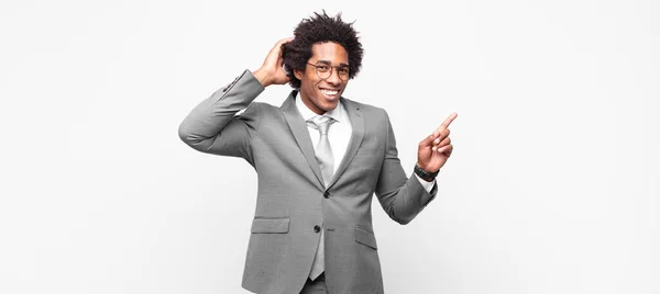 Black Afro Businessmanlaughing Looking Happy Positive Surprised Realizing Great Idea — Stock Photo, Image