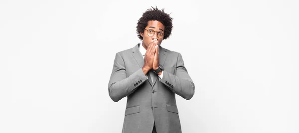 Black Afro Businessmanfeeling Worried Upset Scared Covering Mouth Hands Looking — Stock Photo, Image