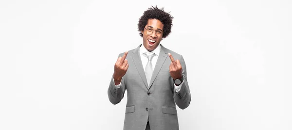 Black Afro Businessmanfeeling Provocative Aggressive Obscene Flipping Middle Finger Rebellious — Stock Photo, Image
