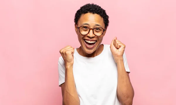 Afro Young Black Woman Feeling Shocked Excited Happy Laughing Celebrating — Stock Photo, Image