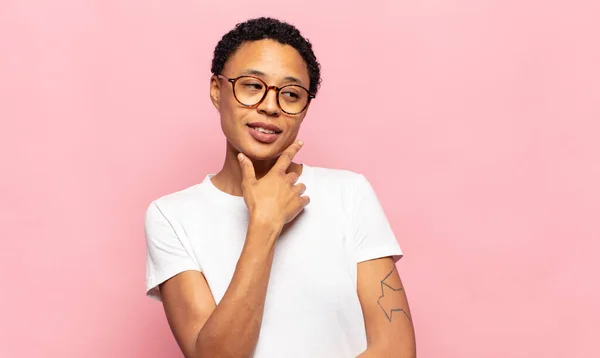 Afro Young Black Woman Smiling Happy Confident Expression Hand Chin — Stock Photo, Image