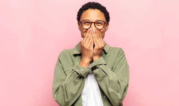Afro Young Black Woman Happy Excited Surprised Amazed Covering Mouth — Stock Photo, Image