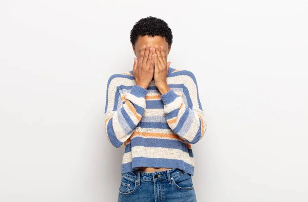 Afro Young Black Woman Feeling Sad Frustrated Nervous Depressed Covering — Stock Photo, Image