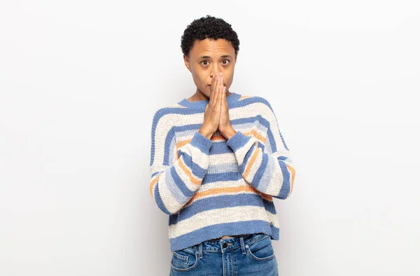 Afro Young Black Woman Feeling Worried Hopeful Religious Praying Faithfully — Stock Photo, Image