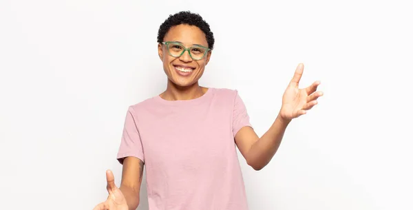 Afro Young Black Woman Feeling Happy Astonished Lucky Surprised Saying — Stock Photo, Image