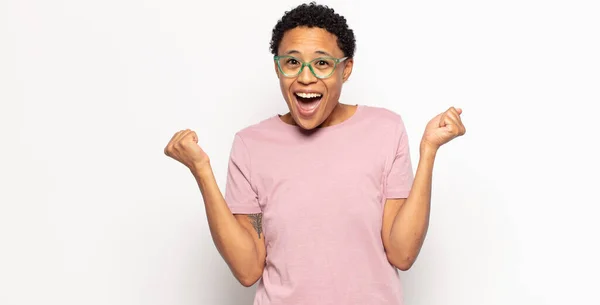 Afro Young Black Woman Looking Extremely Happy Surprised Celebrating Success — Stock Photo, Image