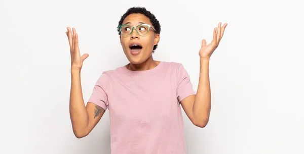 Afro Young Black Woman Feeling Happy Amazed Lucky Surprised Celebrating — Stock Photo, Image