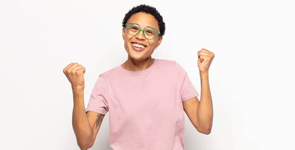 Afro Young Black Woman Celebrating Unbelievable Success Winner Looking Excited — Stock Photo, Image