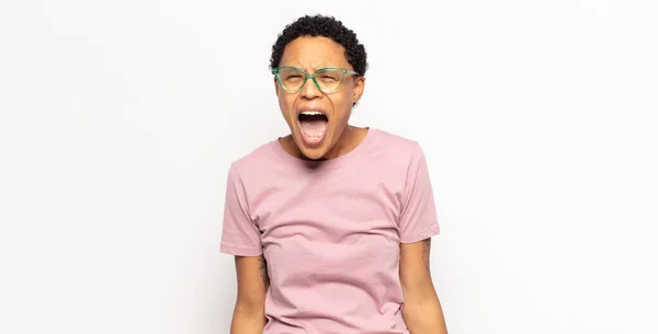 Afro Young Black Woman Shouting Aggressively Looking Very Angry Frustrated — Stock Photo, Image