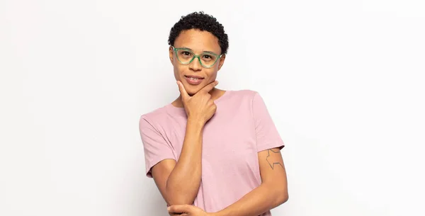 Afro Young Black Woman Looking Serious Confused Uncertain Thoughtful Doubting — Stock Photo, Image