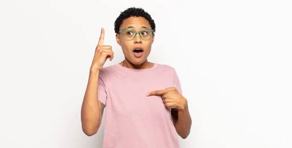 Afro Young Black Woman Feeling Proud Surprised Pointing Self Confidently — Stock Photo, Image