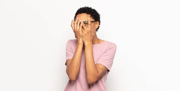 Afro Young Black Woman Feeling Scared Embarrassed Peeking Spying Eyes — Stock Photo, Image