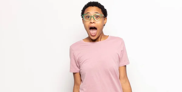 Afro Young Black Woman Feeling Terrified Shocked Mouth Wide Open — Stock Photo, Image