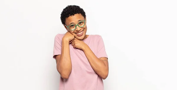 Afro Young Black Woman Feeling Love Looking Cute Adorable Happy — Stock Photo, Image