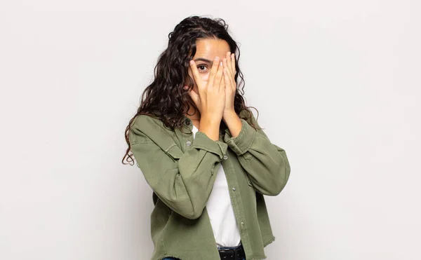 Pretty Young Woman Feeling Scared Embarrassed Peeking Spying Eyes Half — Stock Photo, Image