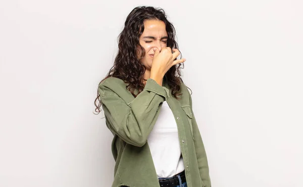 Pretty Young Woman Feeling Disgusted Holding Nose Avoid Smelling Foul — Stock Photo, Image