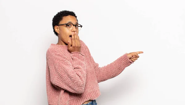 Young Afro Woman Feeling Happy Shocked Surprised Covering Mouth Hand — Stock Photo, Image