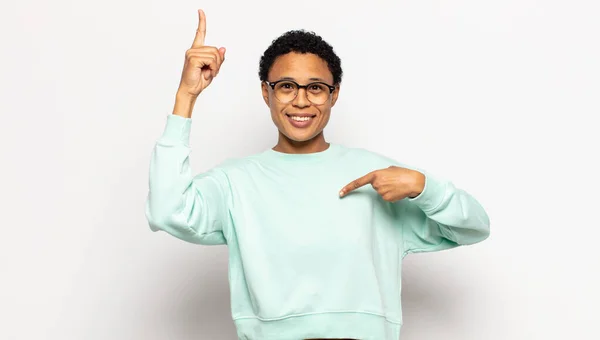 Young Afro Woman Feeling Proud Surprised Pointing Self Confidently Feeling — Stock Photo, Image