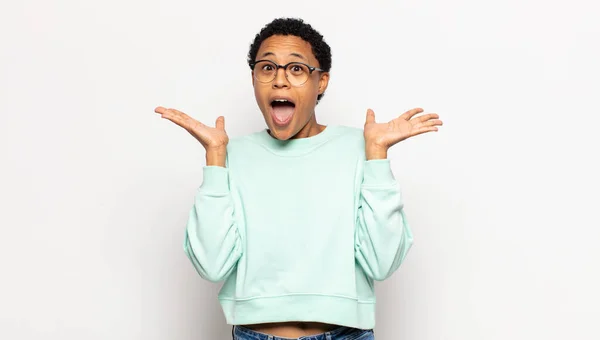 Young Afro Woman Feeling Shocked Excited Laughing Amazed Happy Because — Stock Photo, Image