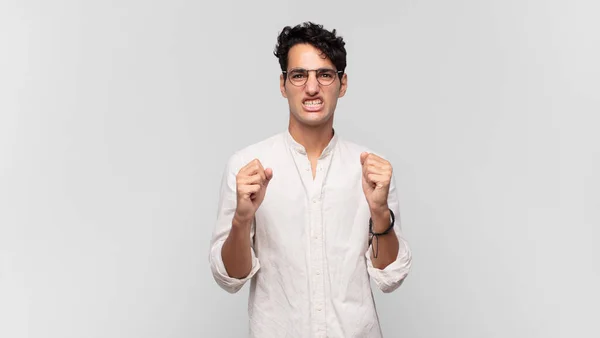 Young Handsome Man Shouting Aggressively Annoyed Frustrated Angry Look Tight — Stock Photo, Image