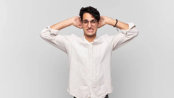 Young Handsome Man Feeling Stressed Worried Anxious Scared Hands Head — Stock Photo, Image