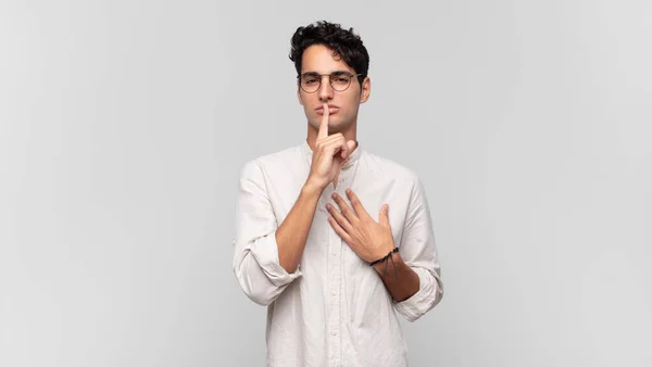 Young Handsome Man Looking Serious Cross Finger Pressed Lips Demanding — Stock Photo, Image