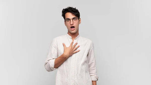 Young Handsome Man Feeling Shocked Astonished Surprised Hand Chest Open — Stock Photo, Image