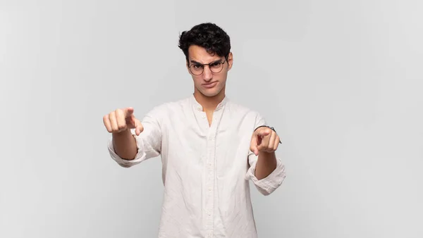 Young Handsome Man Pointing Forward Camera Both Fingers Angry Expression — Stock Photo, Image