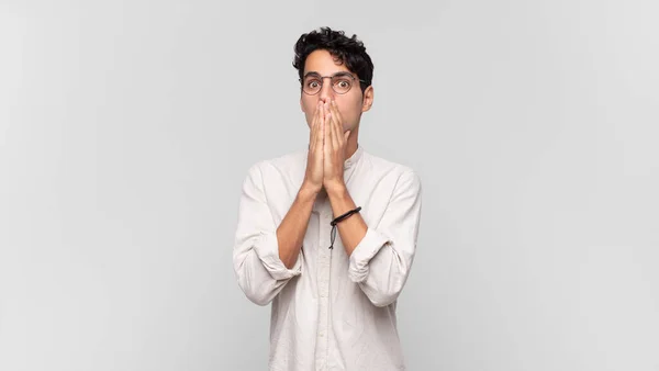 Young Handsome Man Feeling Worried Upset Scared Covering Mouth Hands — Stock Photo, Image