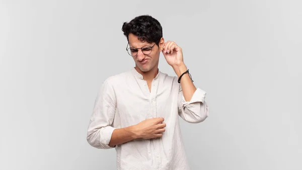 Young Handsome Man Feeling Stressed Frustrated Tired Rubbing Painful Neck — Stock Photo, Image