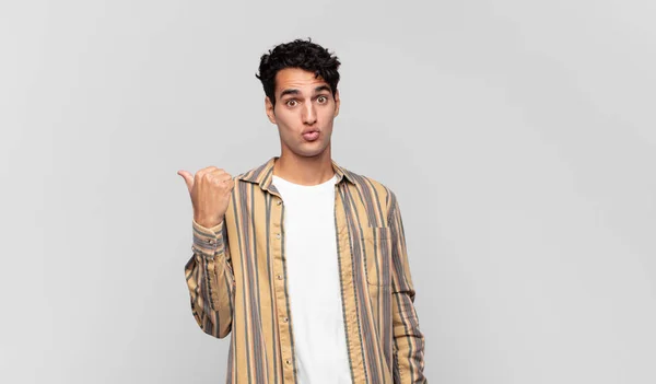 Young Handsome Man Looking Astonished Disbelief Pointing Object Side Saying — Stock Photo, Image