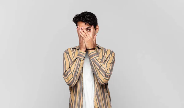 Young Handsome Man Feeling Scared Embarrassed Peeking Spying Eyes Half — Stock Photo, Image