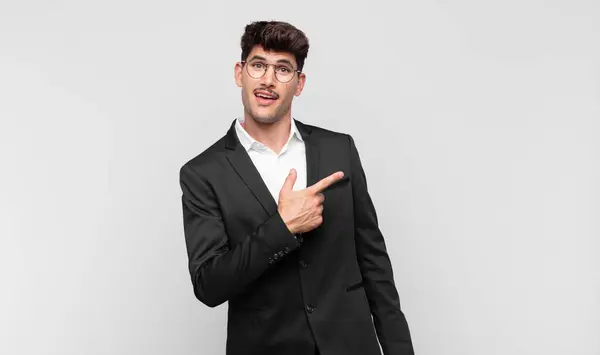 Young Handsome Man Looking Excited Surprised Pointing Side Upwards Copy — Stock Photo, Image