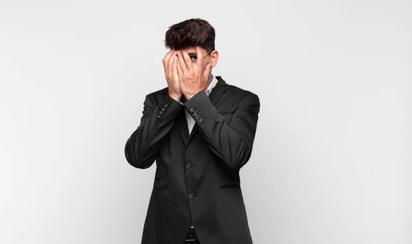 Young Handsome Man Feeling Scared Embarrassed Peeking Spying Eyes Half — Stock Photo, Image