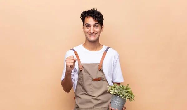 Young Gardener Man Feeling Shocked Excited Happy Laughing Celebrating Success — Stock Photo, Image