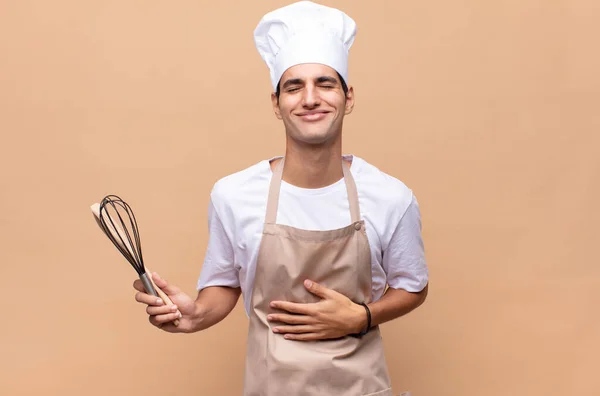 Young Baker Man Laughing Out Loud Some Hilarious Joke Feeling — Stock Photo, Image