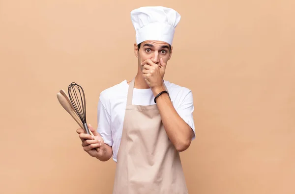 Young Baker Man Covering Mouth Hands Shocked Surprised Expression Keeping — Stock Photo, Image