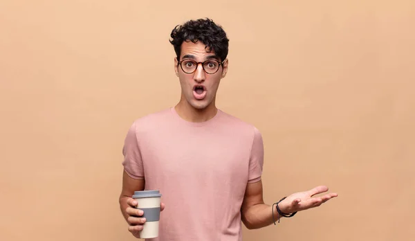 Young Handsome Man Coffee Open Mouthed Amazed Shocked Astonished Unbelievable — Stock Photo, Image