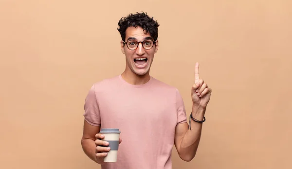 Young Handsome Man Coffee Feeling Happy Excited Genius Realizing Idea — Stock Photo, Image