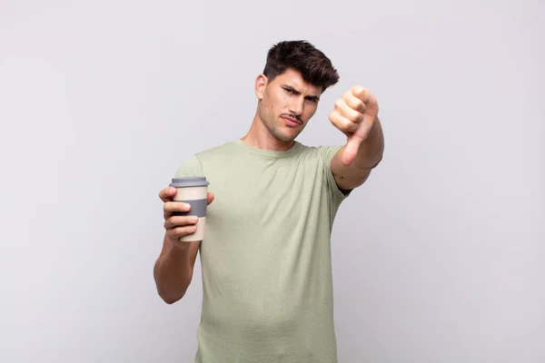 Jeune Homme Avec Café Sentant Croix Colère Agacé Déçu Mécontent — Photo