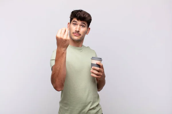 Jeune Homme Avec Café Faisant Capice Geste Argent Vous Disant — Photo