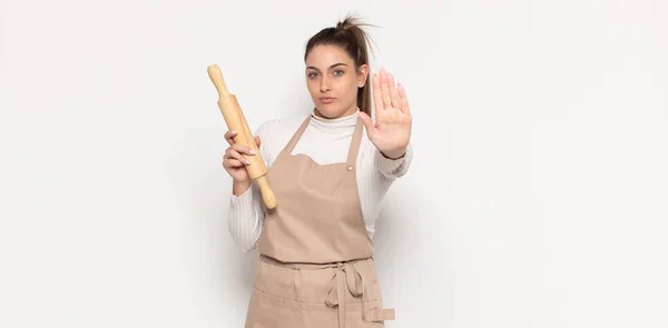 Young Blonde Woman Looking Serious Stern Displeased Angry Showing Open — Stock Photo, Image